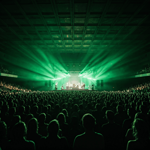 Crowded concert venue with green stage lighting
